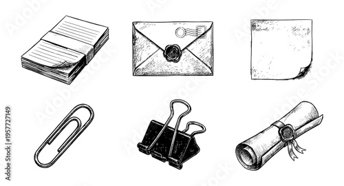 Collection of vintage stationery and office supplies in a hand-drawn sketch style