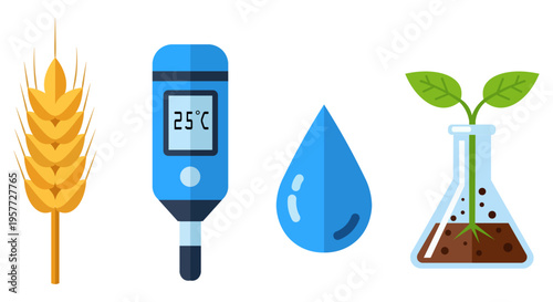 Agricultural research icons: wheat, thermometer, water drop, and plant in flask