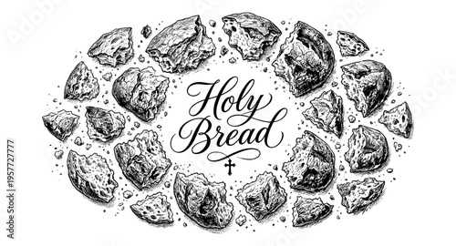 Hand-drawn illustration of broken holy bread pieces arranged in a circle with calligraphy