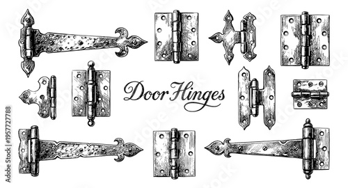 Collection of antique and vintage door hinges in a detailed sketch style