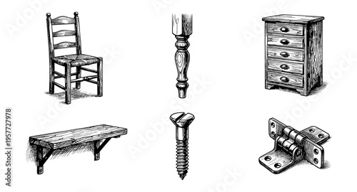 Collection of vintage wooden furniture and hardware illustrations in black and white