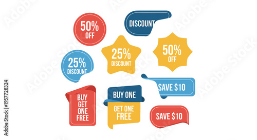 Discount labels and promotional stickers.
