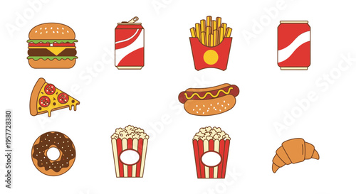 Fast food icons set including snacks.