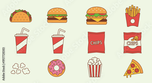 Fast food menu icons on white.