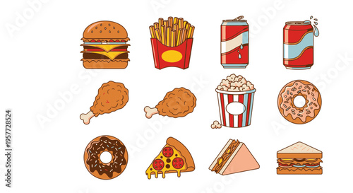 Variety of junk food icons displayed.