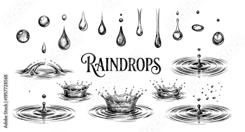 Collection of hand-drawn water drops and splashes in sketch style