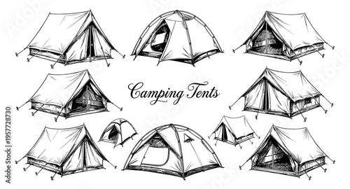 Collection of various camping tents illustrated in a vintage sketch style
