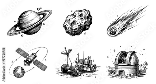 Collection of celestial bodies and space exploration equipment in vintage illustration style