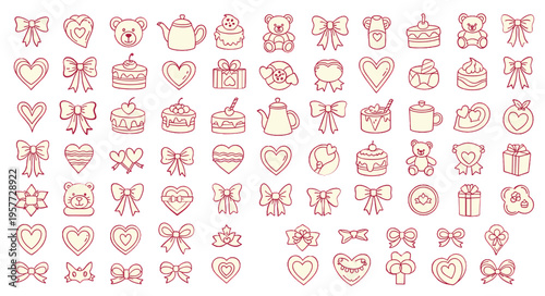 Large collection of cute hand drawn pink line art icons featuring hearts bows teddy bears and cakes for romantic Valentine Day greeting card designs isolated on white background vector set