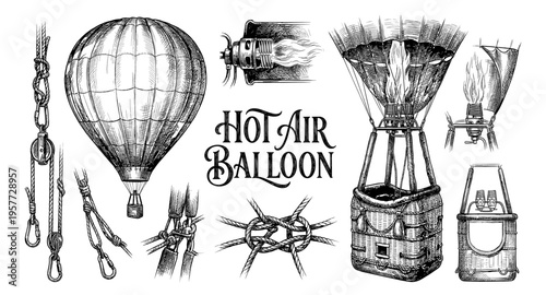Vintage hot air balloon components and accessories in detailed sketch style