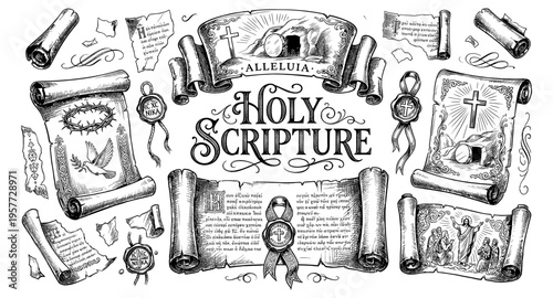 Collection of Holy Scripture illustrations with religious symbols and ancient scrolls