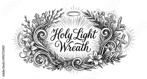 Elegant hand-drawn wreath with religious symbols and calligraphy