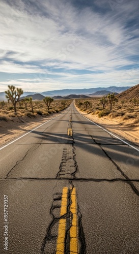 Endless Desert Highway Journey Through Joshua Trees and Distant Mountains