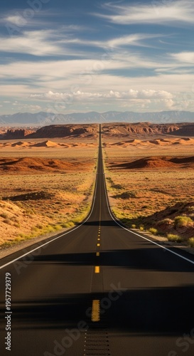 Endless Desert Highway Journey Towards Distant Mountains Under Vast Sky
