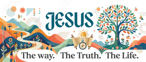 Jesus The Way The Truth The Life concept illustration with a winding path, crosses, and a vibrant tree of life, symbolizing Christian faith and spiritual journey, isolated on white.