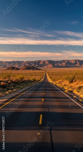 Endless Desert Highway Stretch Towards Distant Mountains Under Sunset Sky