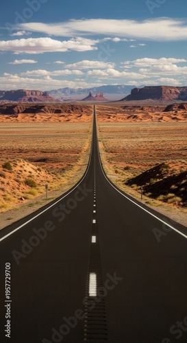 Endless Desert Highway Stretching Towards Majestic Distant Mesas Under a Vast Sky