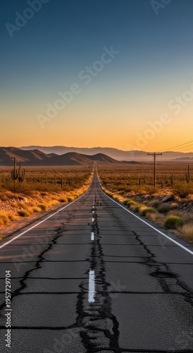 Endless Desert Highway Stretching Towards Horizon at Sunrise Adventure Journey