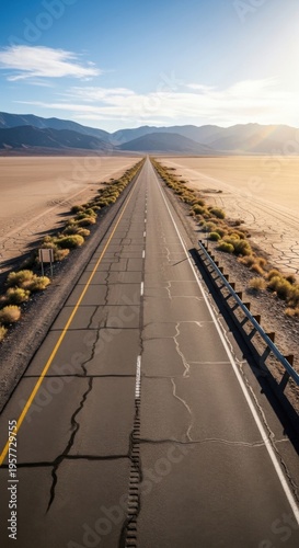 Endless Desert Highway Towards Distant Mountains Under Vast Blue Sky