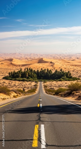 Endless Desert Road Leading to a Verdant Oasis Paradise