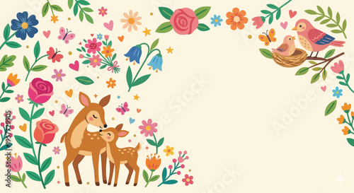 Deer and fawn with flowers.