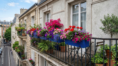 Vibrant flower boxes on apartment balcony overflowing with colorful blooms and lush greenery. Charming balcony display features a variety of plants and flowers