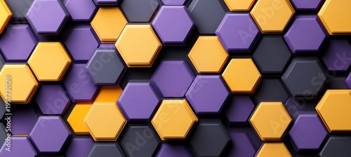 Bright colorful array of 3D hexagonal shapes in purple, gray, and orange geometric pattern