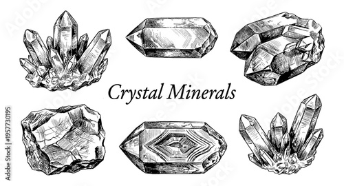 Collection of hand-drawn crystal and mineral illustrations in vintage style