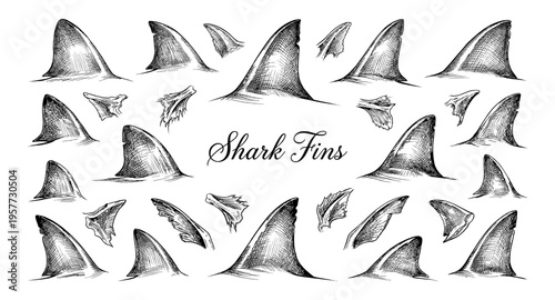 Collection of hand-drawn shark fins and other marine creature appendages in sketch style