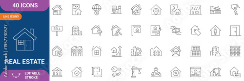Real estate Properties icon set. Containing Urban architecture, building, skyscraper, residential, commercial, property, house, real estate, location, property management, and etc. Editable stroke.