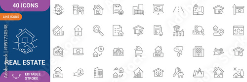Real estate Properties icon set. Containing Urban architecture, building, skyscraper, residential, commercial, property, house, real estate, location, property management, and etc. Editable stroke.