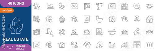 Real estate Properties icon set. Containing Urban architecture, building, skyscraper, residential, commercial, property, house, real estate, location, property management, and etc. Editable stroke.