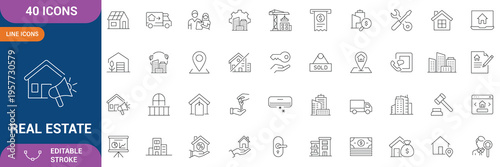 Real estate Properties icon set. Containing Urban architecture, building, skyscraper, residential, commercial, property, house, real estate, location, property management, and etc. Editable stroke.