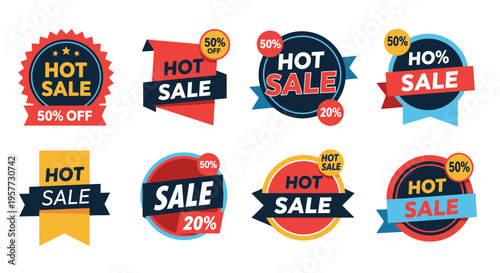 Collection of sale discount stickers.