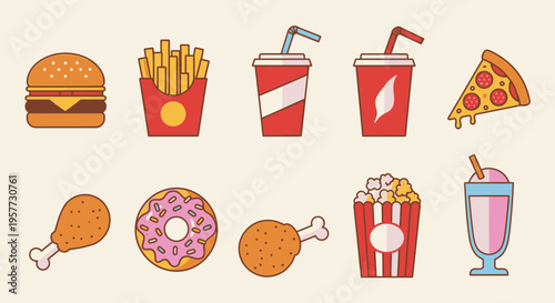 Colorful fast food icons set collection.