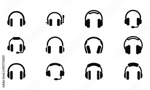 Collection of various headphone icons in black and white