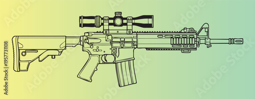 Modern tactical rifle with scope and accessories isolated illustration