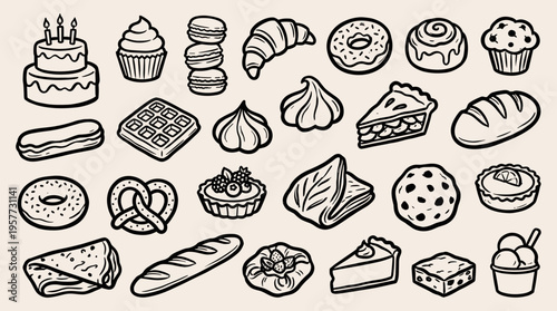 Assorted bakery and pastry products in outline style on a light background