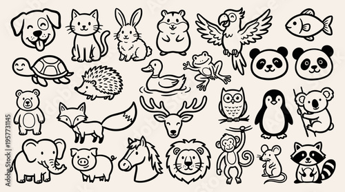 Charming collection of hand-drawn animal doodles perfect for various applications