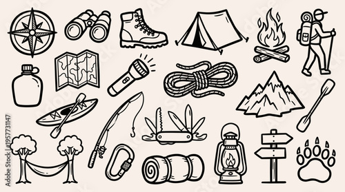 Outdoor Adventure Gear Doodles: Hand-Drawn Collection for Camping and Explore Concepts