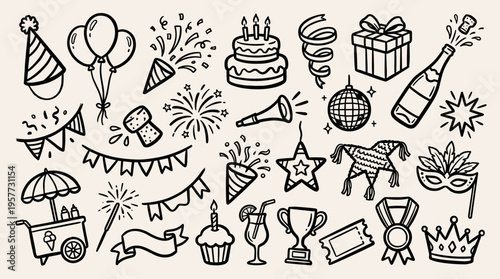 Celebration and Party Doodle Art Elements Drawing Vector Illustration Set Collection
