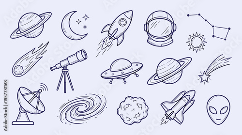 Cosmic Adventure Doodle Set: Hand-Drawn Space Elements and Astronomical Objects