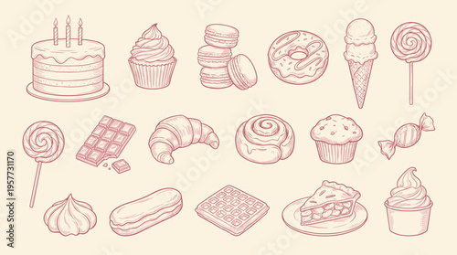 Delightful Sweet Treats Sketch Collection: Hand-Drawn Desserts & Pastries Illustration