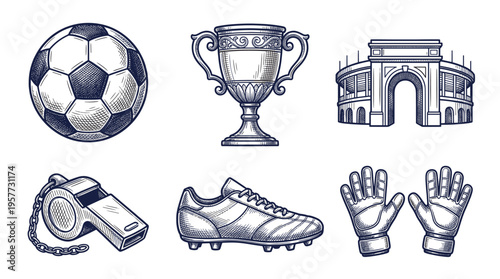 Engraved Style Soccer and Football Equipment Design Elements 