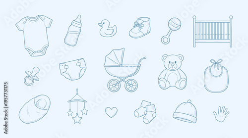 Illustration depicting various baby items forming a collection for new parents and infants