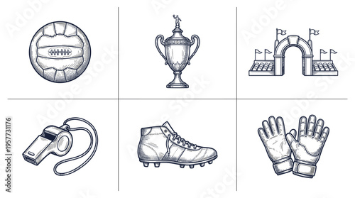 Football Equipment Illustration Set: Stadium Lights Gloves Trophy Cleat Ball Whistle