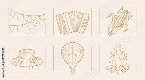 Rustic Celebration Icons: Corn Bonfire Accordion Balloon Bunting and Hat