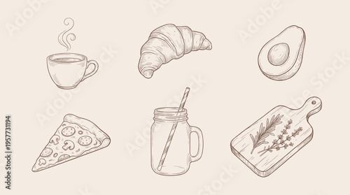 Collage of Hand-Drawn Food and Drink Illustrations in Minimalist Line Art Style
