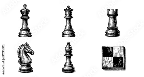 Collection of classic chess pieces and a chessboard square in a detailed sketch style