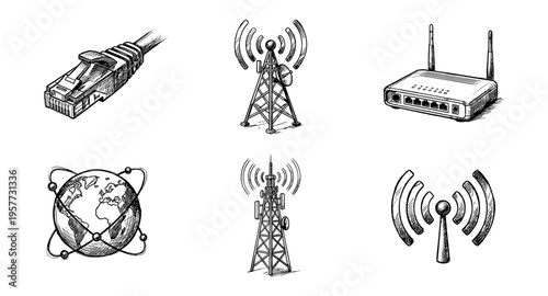 Collection of hand-drawn icons representing telecommunication and network technology concepts